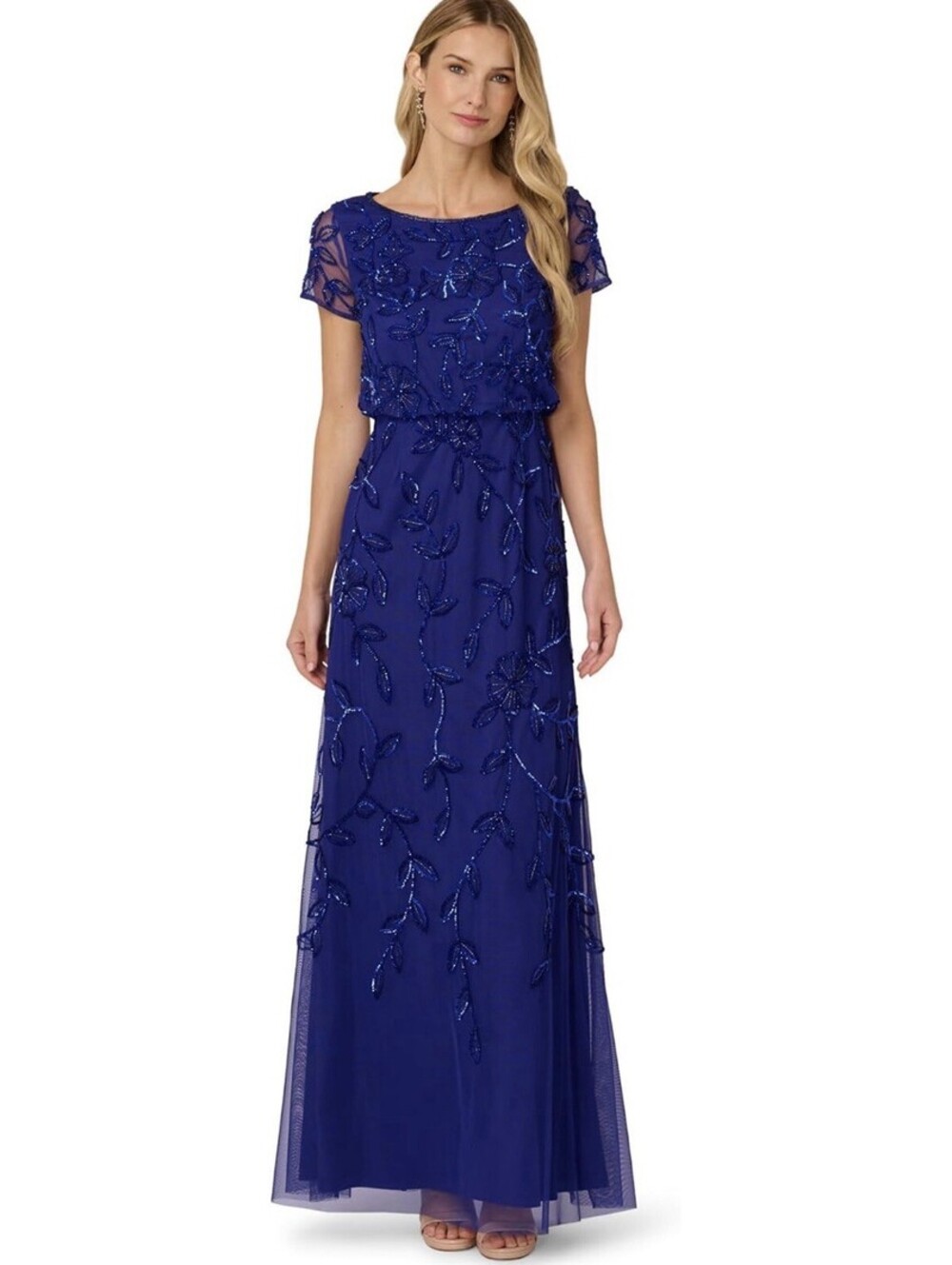 Adrianna Papell Beaded Blouson  Evening Gown Size 14 Dark Blue Violet NWT $249
